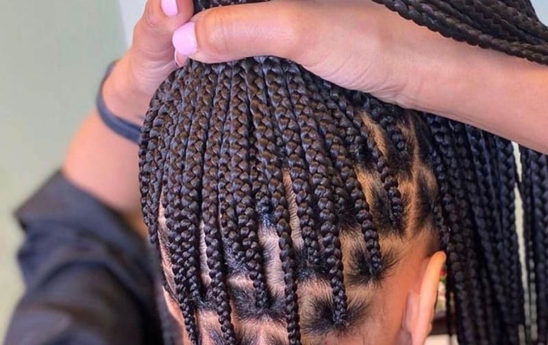 Knotless braids samlade i en hög hästsvans, sedda bakifrån med rena delningar i nacken